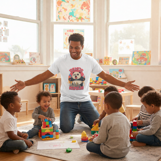 man wearing a white t-shirt with a panda graphic design