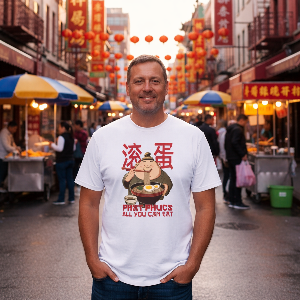man wearing a white t-shirt with a humorous design 