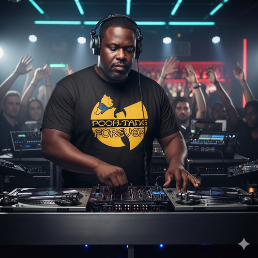 man wearing a black t-shirt with a bright yellow graphic