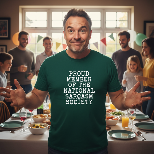 man wearing a green slogan t-shirt with the text 'proud member of the national sarcasm society'