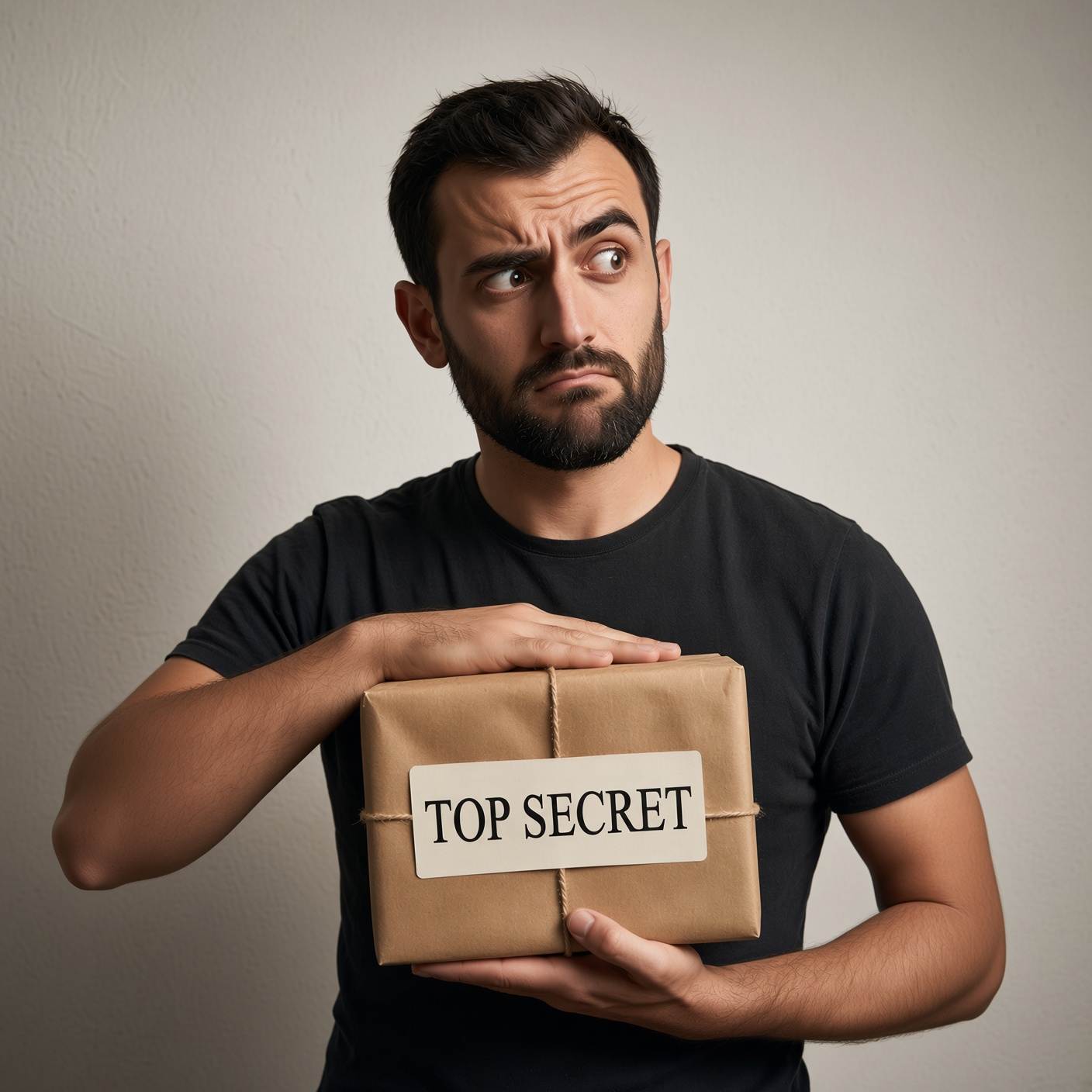 A bearded man wearing a black t-shirt looking suspiciously to the side while holding a brown wrapped gift box labelled "Top Secret."