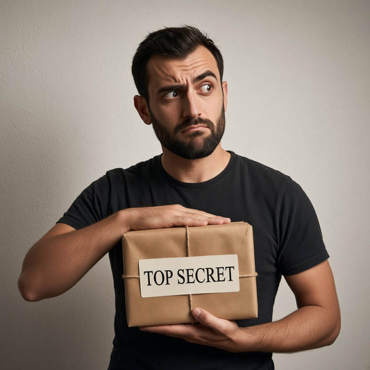 A bearded man wearing a black t-shirt looking suspiciously to the side while holding a brown wrapped gift box labelled "Top Secret."
