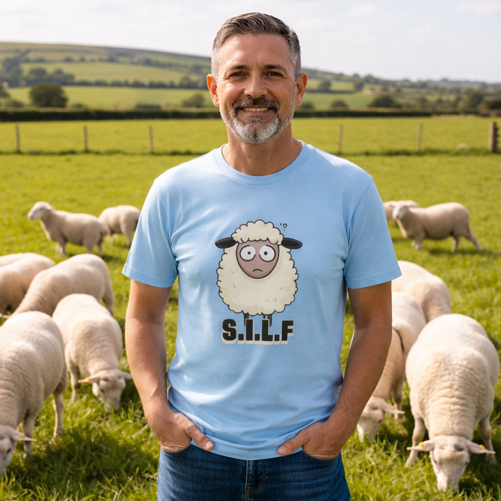man stood in a field wearing a light blue t-shirt with the graphic of a sheep
