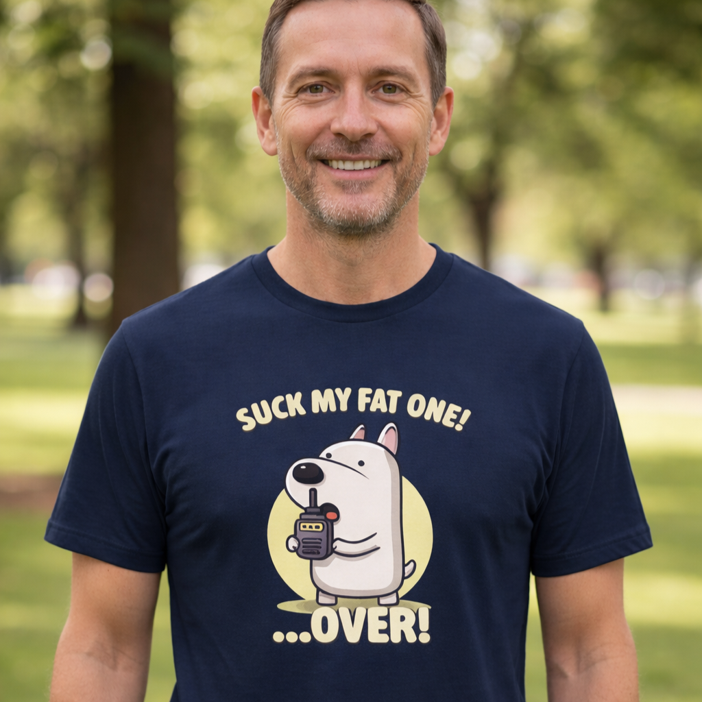 man wearing a navy funny dog t-shirt