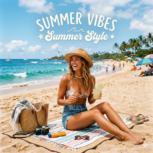 woman sat on the beach with text above her that reads 'summer vibes, summer style'
