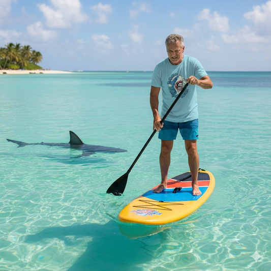 man on a paddle board wearing a light blue coloured t-shirt with the graphic of a shark and a humorous slogan 
