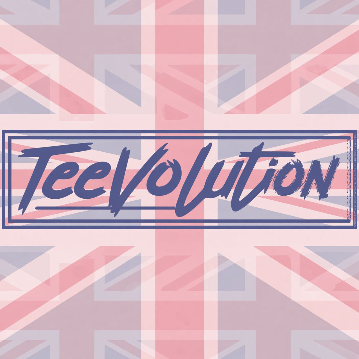 Teevolution text on top of a union jack flag