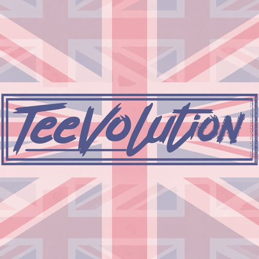 Teevolution text on top of a union jack flag