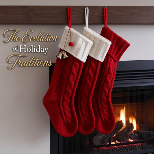Three knitted Christmas stockings hanging from a wooden mantel above a lit fireplace, featuring the text "The Evolution of Holiday Traditions".