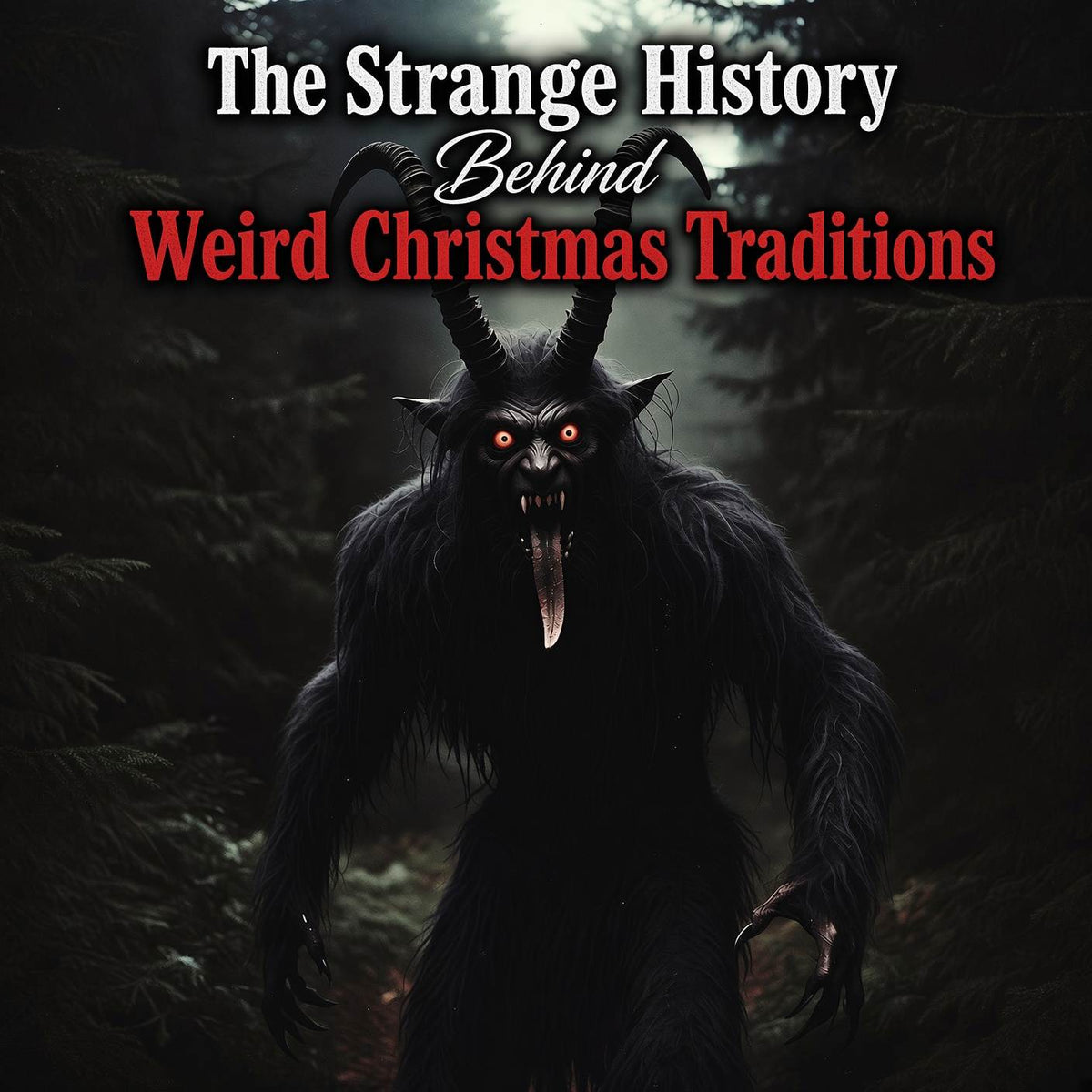 Creepy Krampus creature in a spooky forest background illustrating an article on weird Christmas folklore and traditions