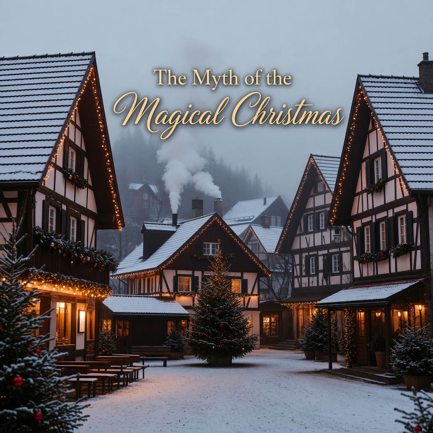 Graphic banner featuring a snowy winter village at dusk with the text "The Myth of the Magical Christmas"