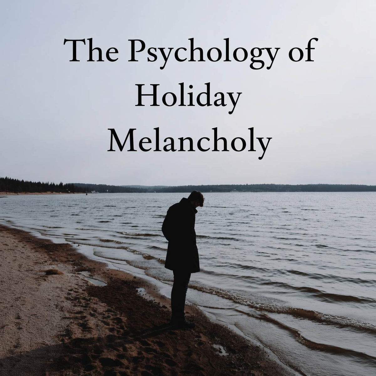 Person walking alone by the water during winter, illustrating an article on the psychology of seasonal blues and holiday melancholy.