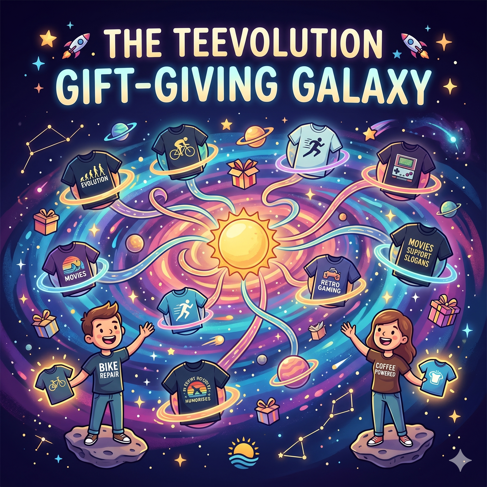 a cartoon image of a galaxy with t-shirts spiralling out of the sun in the middle and the text 'the teevolution gift giving guide'