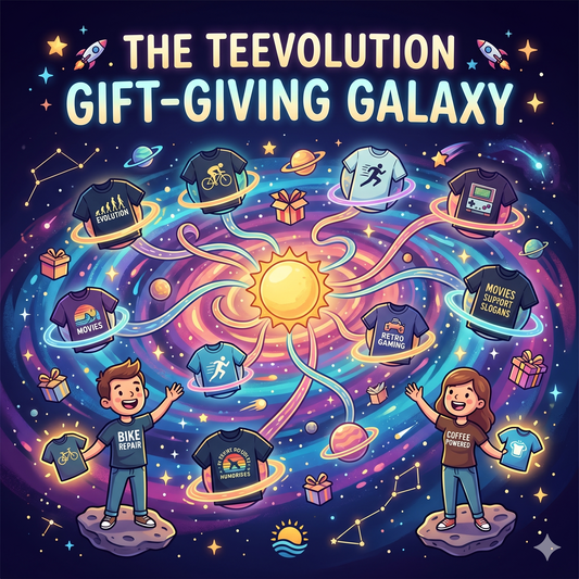 a cartoon image of a galaxy with t-shirts spiralling out of the sun in the middle and the text 'the teevolution gift giving guide'