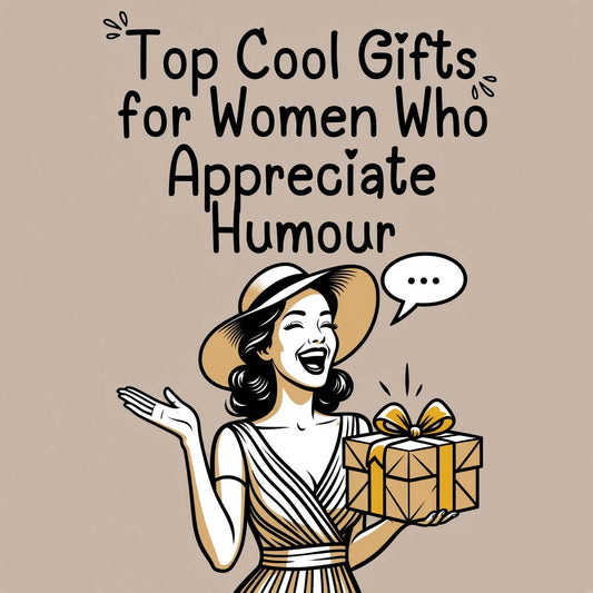 Vintage-style illustration of a smiling woman in a hat holding a wrapped gift, with the text "Top Cool Gifts for Women Who Appreciate Humour."