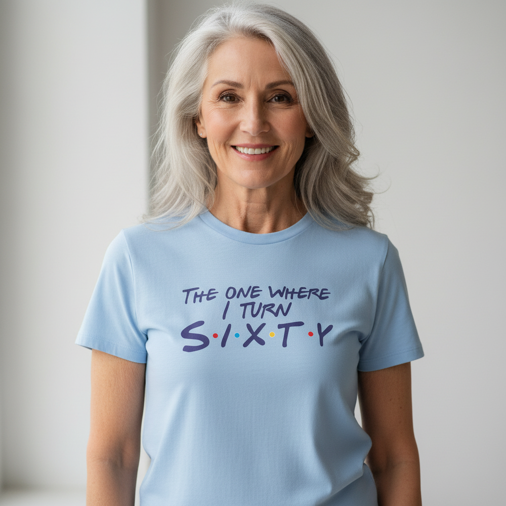 woman wearing a light blue slogan t-shirt with the text 'the one where i turn sixty'