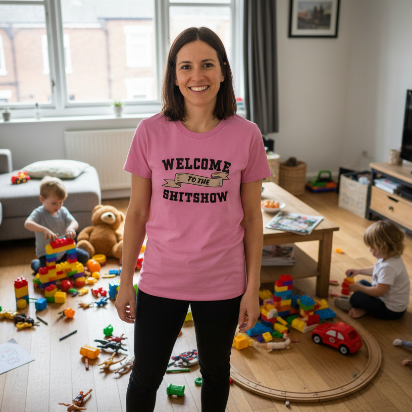 woman stood in a living room wearing a pink t-shirt with the slogan 'welcome to the shitshow'