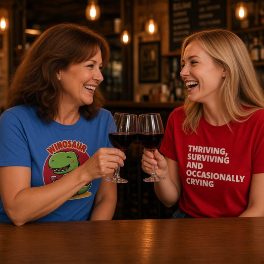 Two smiling women in a bar toasting with red wine glasses, wearing graphic t-shirts that say "Winosaurus" and "Thriving, Surviving and Occasionally Crying."