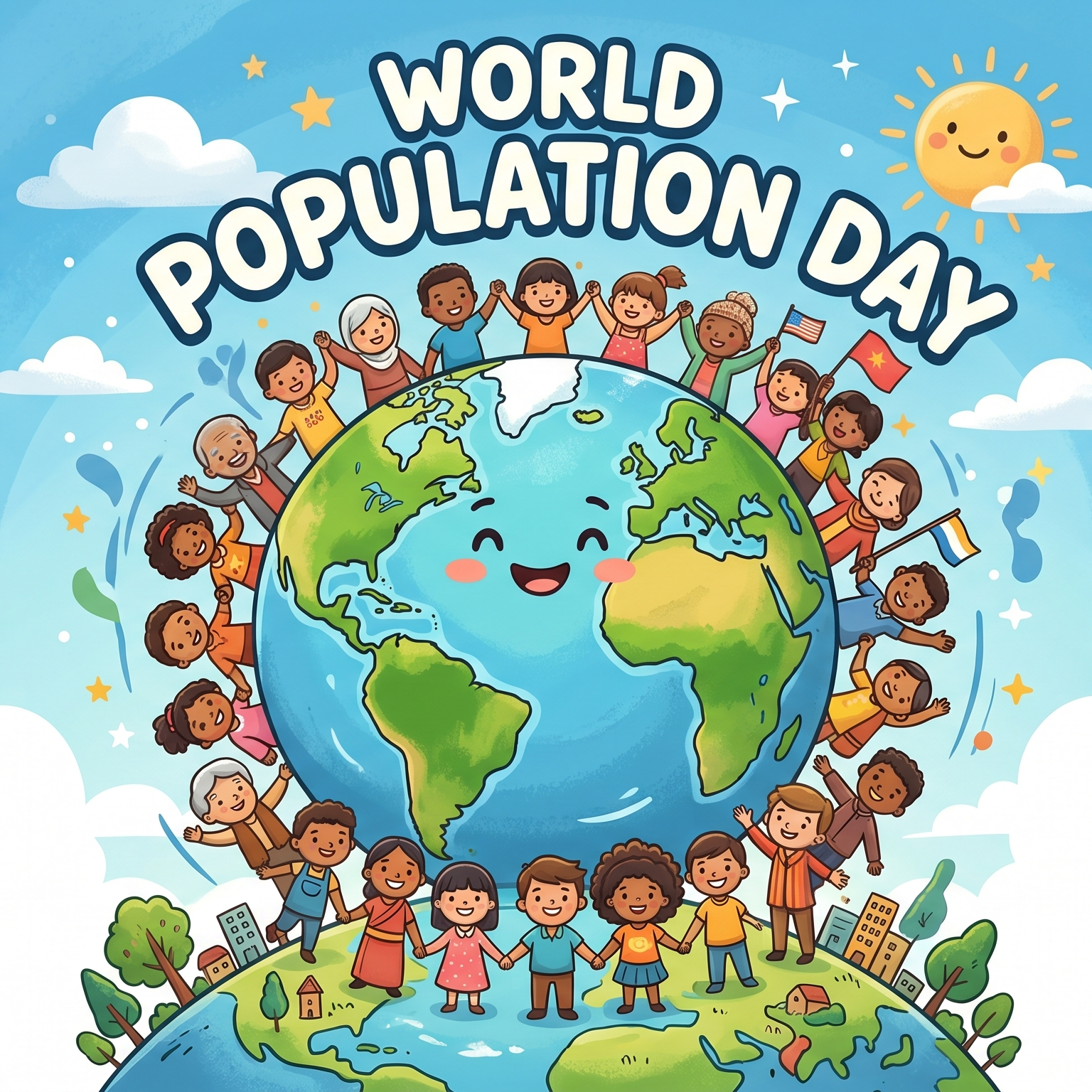 a cartoon earth surrounded by people and the text 'world population day'