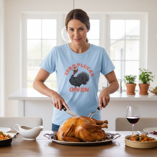 woman carving a turkey wearing a light blue t-shirt with the graphic of a turkey and the slogan 'zero plucks given'
