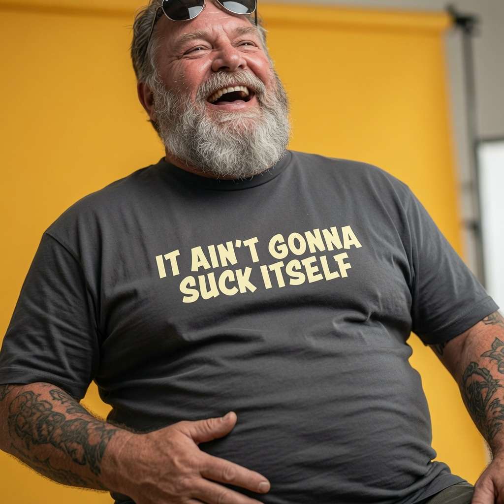 Tattooed bearded man laughing with one hand on his stomach in a khaki It Ain’t Gonna Suck Itself t-shirt, funny mens rude dad banter slogan design