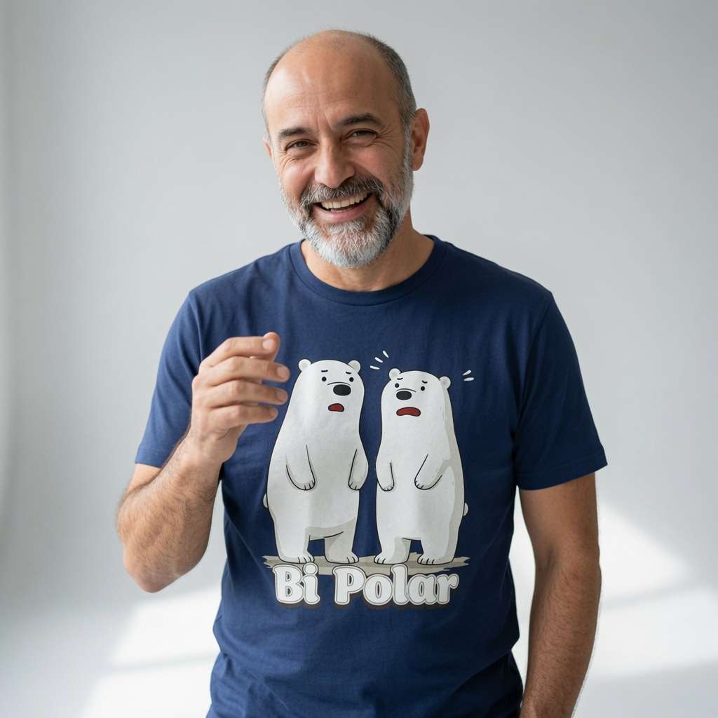 Man in navy Bi Polar polar bears tee, mens funny cheeky animal pun gift