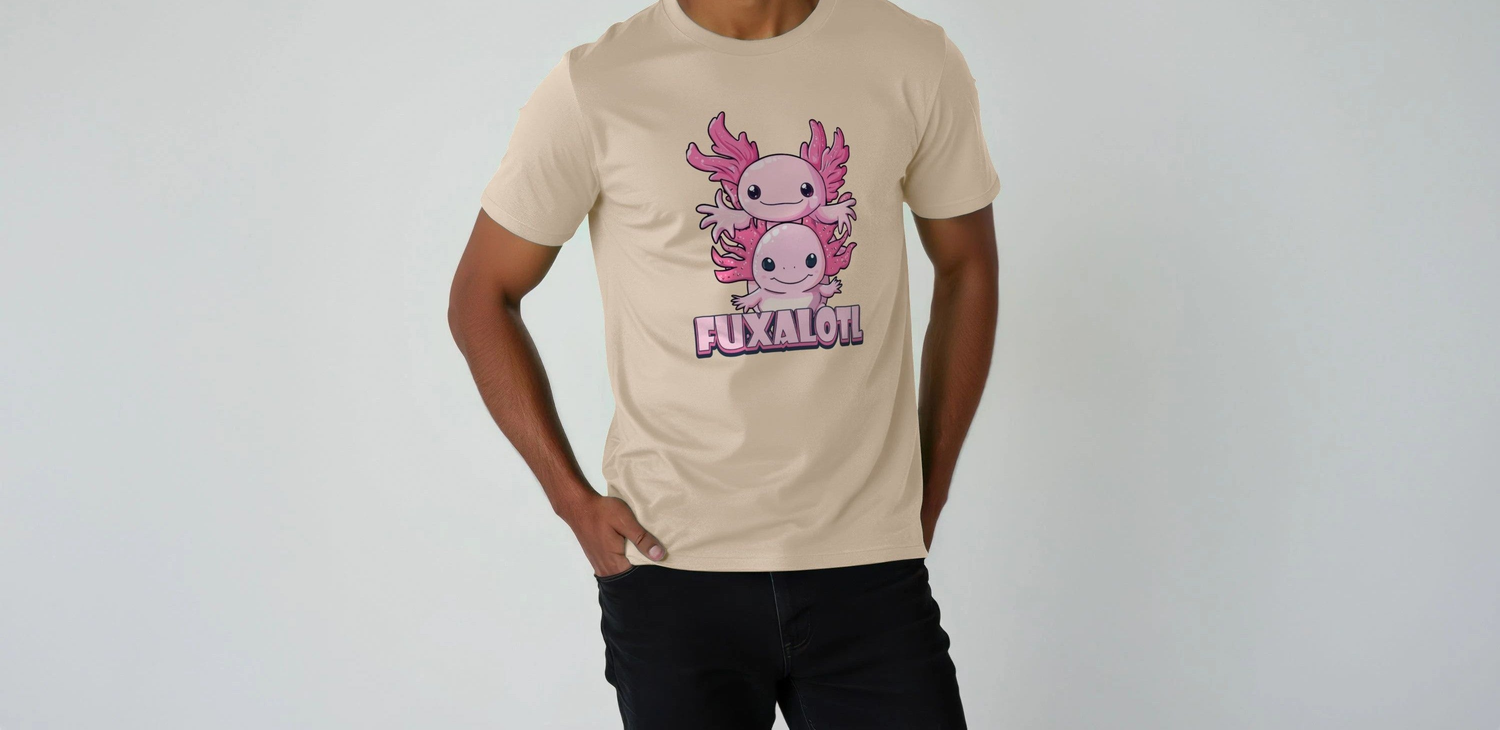 Person wearing a beige Animal t-shirt with two cute pink axolotls and "Fuxalotl" text. The tone is playful and casual, with a white background.