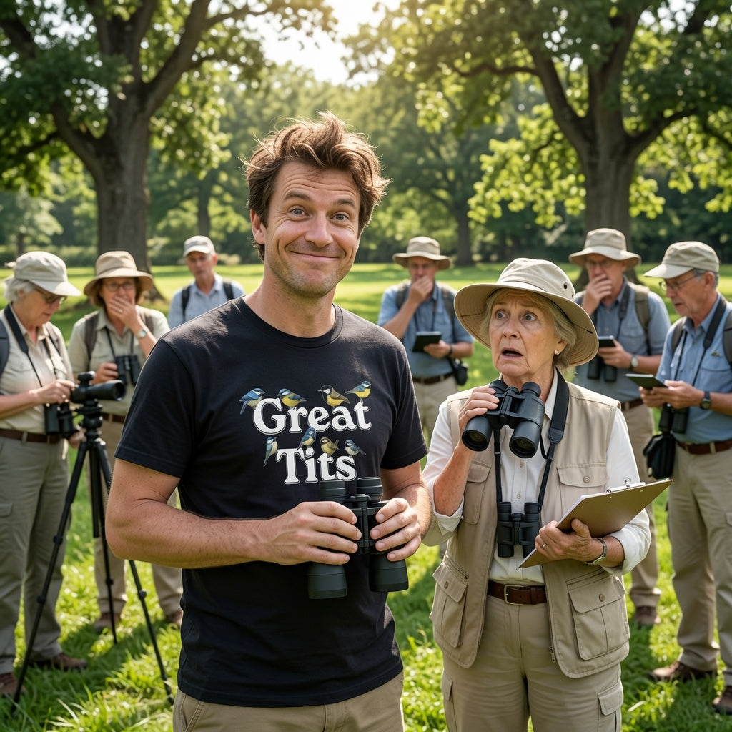 Man with cheeky smile holding binoculars in park, wearing black t-shirt with cute birds and 'Great Tits' text, standing next to surprised older woman with binoculars during birdwatching group.