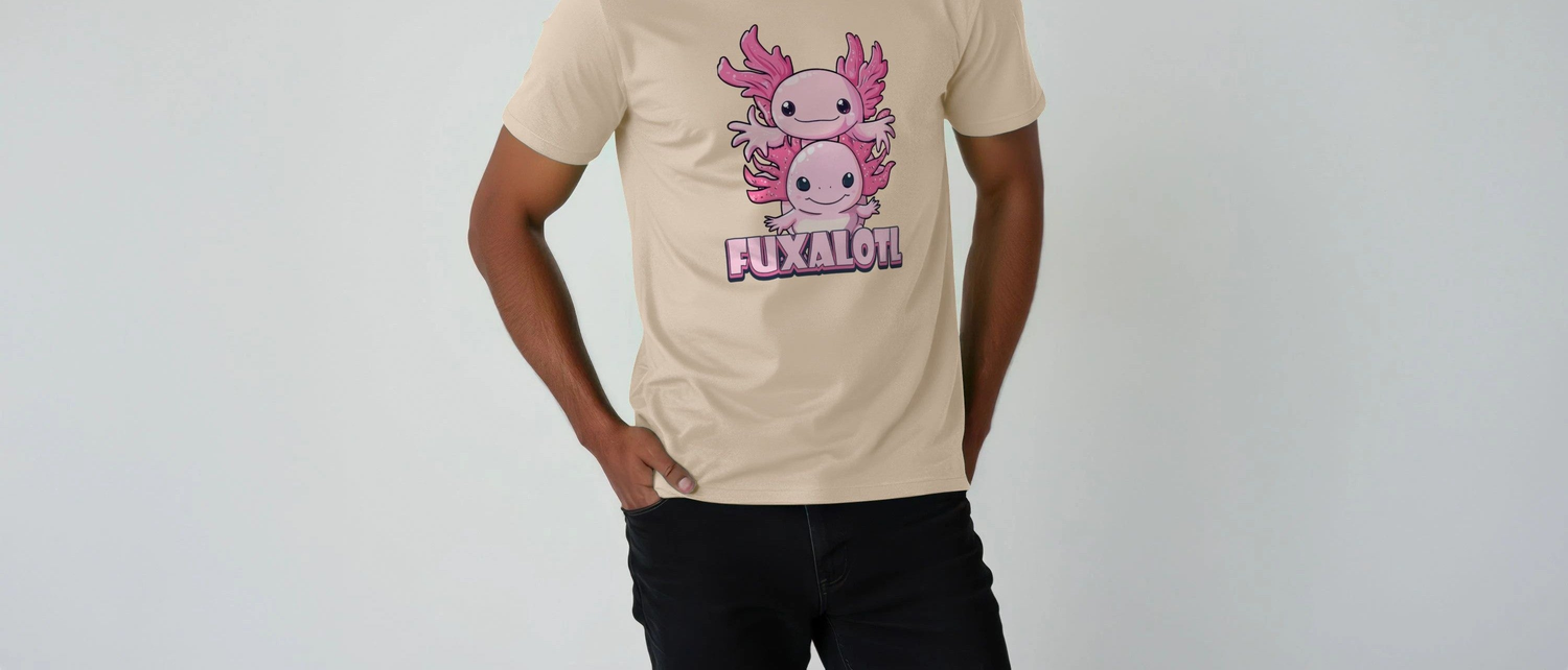 A Man wearing a Oat Kawaii T-shirt with two cute axolotl characters in shades of pink, and the word "Fuxalotl" in bold, colorful letters below. Casual and playful tone.