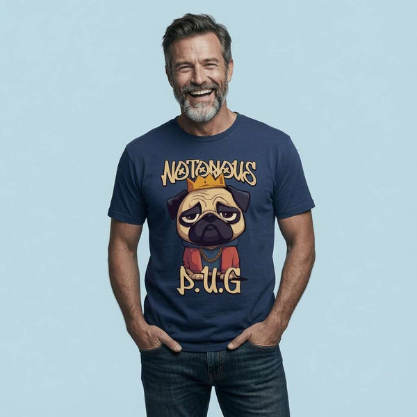 Bearded man laughing with hands in his pockets while wearing a navy Notorious P.U.G. t-shirt featuring a crowned pug in a red jacket, funny and witty pug pup banter