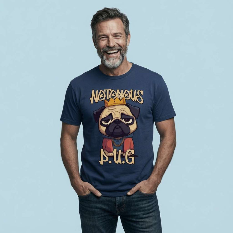 Bearded man laughing with hands in his pockets while wearing a navy Notorious P.U.G. t-shirt featuring a crowned pug in a red jacket, funny and witty pug pup banter