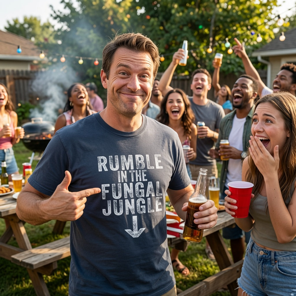 Man at lively backyard BBQ party pointing proudly to his navy t-shirt that reads 'RUMBLE IN THE FUNGAL JUNGLE' with downward arrow, surrounded by laughing friends holding drinks.