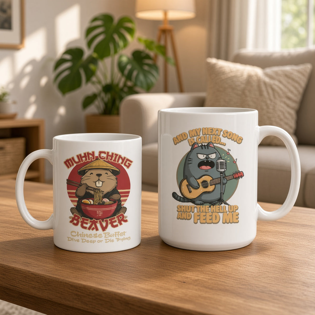 White ceramic mug on a wooden table featuring a cartoon beaver in a straw hat eating noodles from a red bowl, with text “Muhn-Ching Beaver” and “Chinese Buffet Dive Deep or Die Trying.”