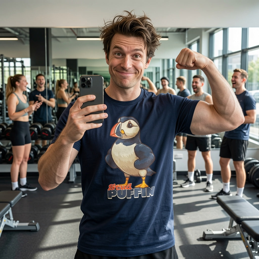 Man flexing bicep and taking gym selfie while wearing navy blue t-shirt featuring cute cartoon puffin graphic with 'Stud Puffin' text, surrounded by other people working out in modern gym.