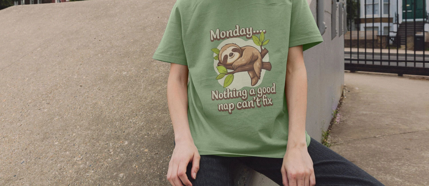 A Woman wearing a green Animal Graphic t-shirt with a cute sloth on a branch. Text reads, "Monday... Nothing a good nap can’t fix." Relaxed tone, casual setting.
