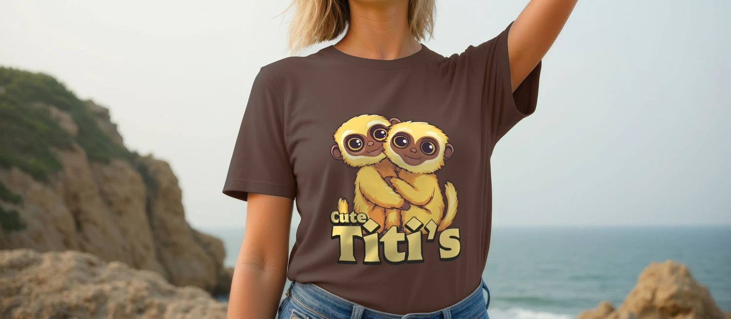 A person in a brown Funny Animal T-shirt with two cute cartoon monkeys and the text "Cute Titi's" stands by the ocean. The scene feels playful and relaxed.