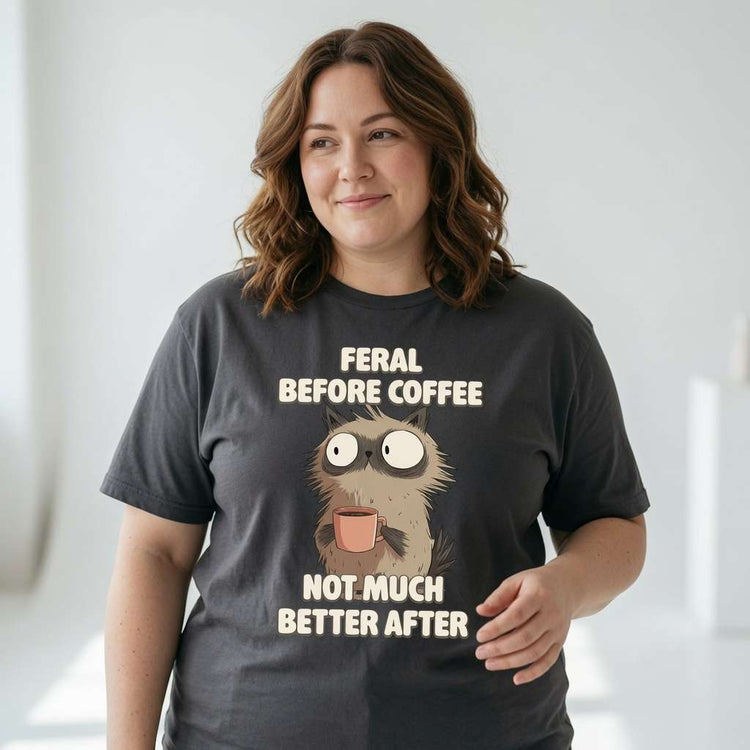 Woman smiling in black Feral Before Coffee t-shirt, funny ladies coffee cat tee