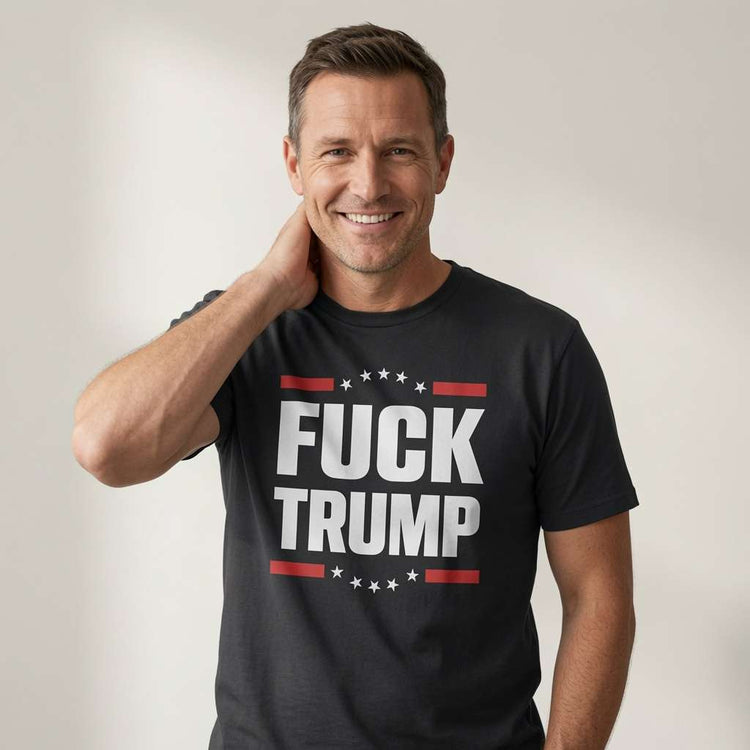 Man smiling with hand on neck in black Fuck Trump t-shirt, witty political satire banter