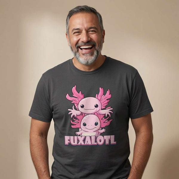 Bearded man laughing in black Fuxalotl tee, funny witty axolotl pun