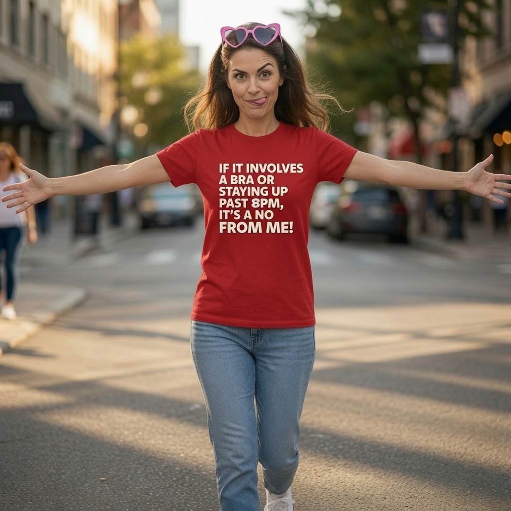 Playful woman with heart-shaped sunglasses standing on city street with arms wide open, wearing red t-shirt with bold white text: 'IF IT INVOLVES A BRA OR STAYING UP PAST 8PM, IT'S A NO FROM ME!