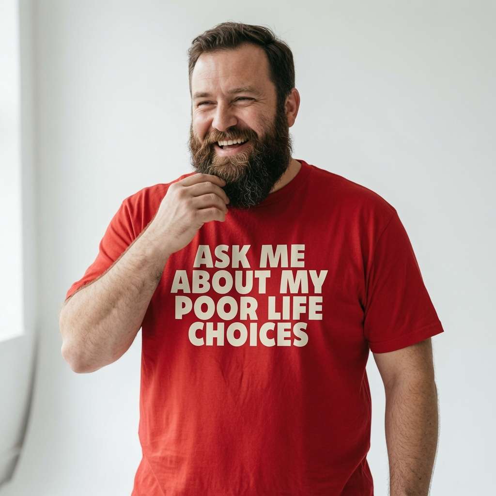 Bearded man laughing touching beard in red Ask Me About My Poor Life Choices t-shirt, cheeky relatable humor mens statement