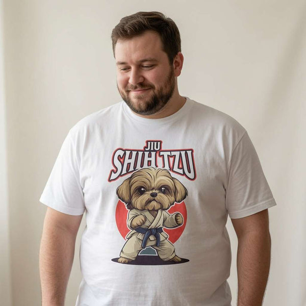 Bearded man looking down smiling in white Jiu Shih Tzu t-shirt, mens witty cheeky Shih Tzu pun graphic