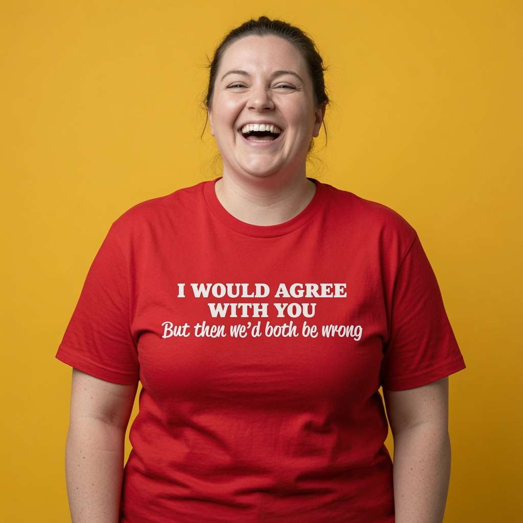 Woman laughing while wearing a red I Would Agree With You But Then We’d Both Be Wrong t-shirt, cheeky ladies sarcastic statement design that every no-nonsense lady will claim