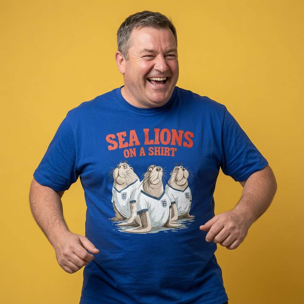 Man laughing while wearing a blue Sea Lions on a Shirt t-shirt featuring three sea lions in England football kits, witty mens England football pun