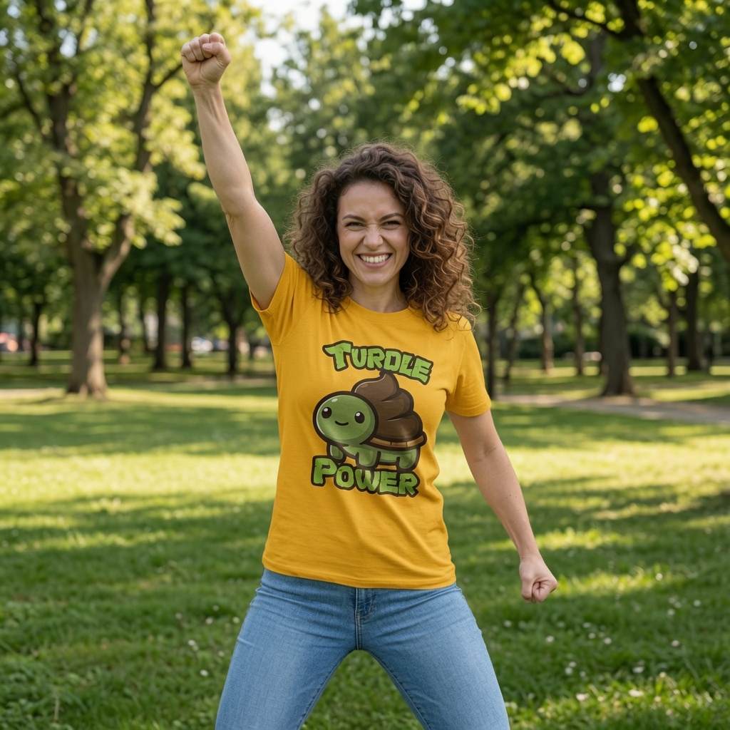 Cheerful woman with curly hair standing in sunny park with fist raised in victory, wearing bright yellow t-shirt featuring cute cartoon turtle with poop shell and 'TURDLE POWER' text.