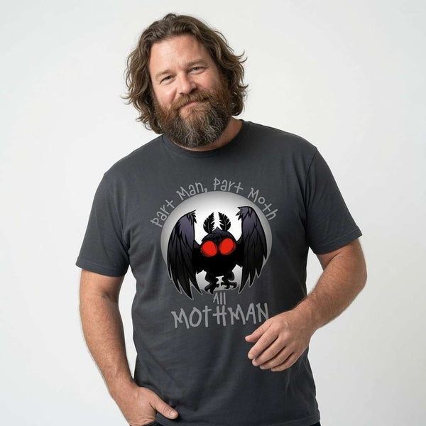 Bearded man smiling hand on hip in ink grey Part Man Part Moth All Mothman t-shirt featuring Mothman, mens witty moth man cryptid horror graphic