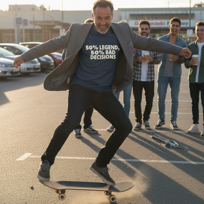 Man in a suit and graphic t-shirt skateboarding with friends in a parking lot.