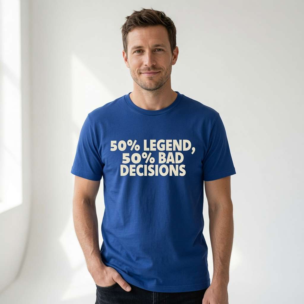 Man in blue 50% Legend 50% Bad Decisions tee with knowing smile, sarcastic dad gift for everyday legends