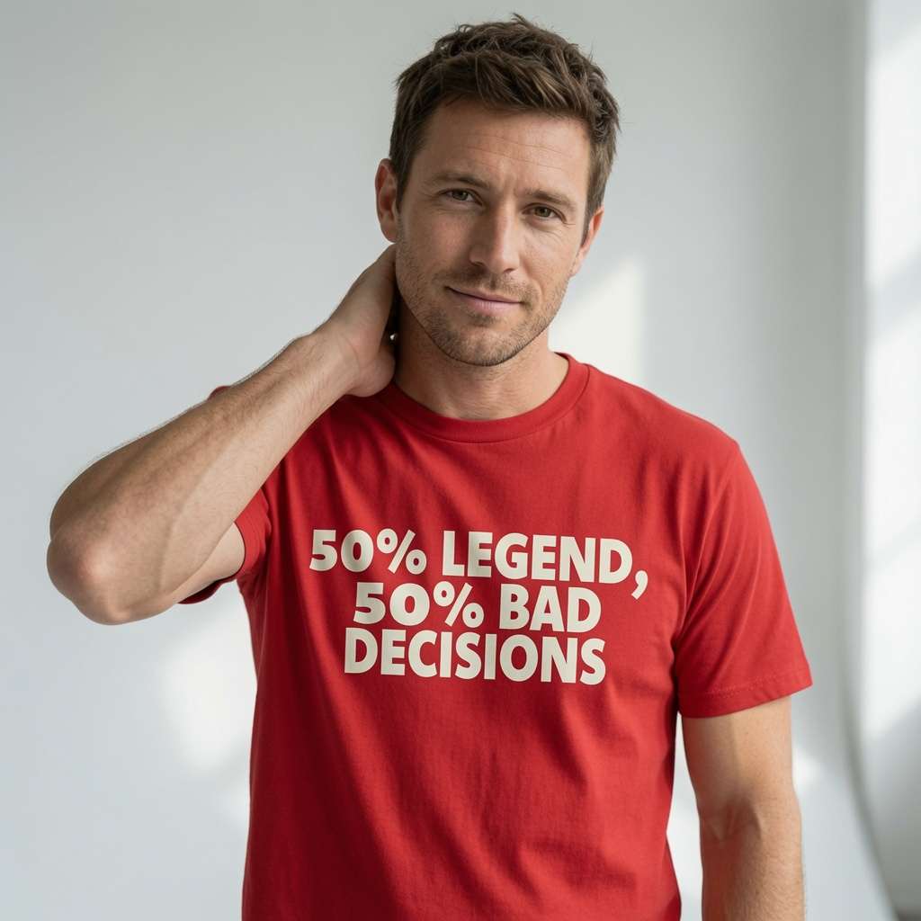 Man in red 50% Legend 50% Bad Decisions t-shirt, cheeky pub-banter energy, funny gift for half-legend mates