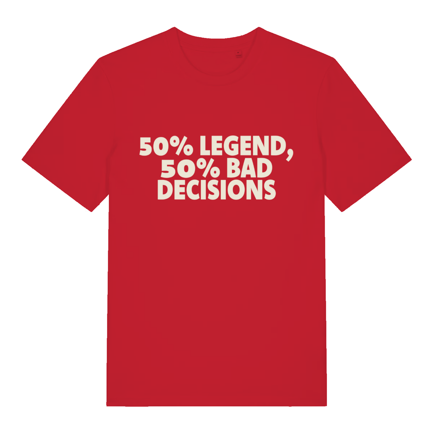 Red "50% Legend 50% Bad Decisions" funny t-shirt flat lay, cheeky bad decisions slogan graphic tee printed in UK